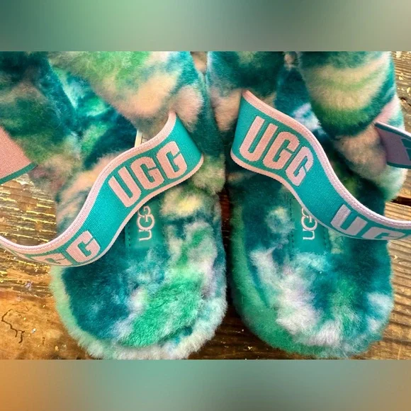 Ugg Womens Fluff Yeah Marble Sz 9 Aquatic Blue Real Lamb Fur Slide Slippers - Picture 7 of 8